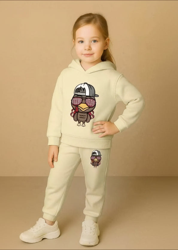 Kids Hooded Sweatshirt & Jogger Set – Cool Bird Cartoon Print Casual Wear (Cream) Luck Fashion