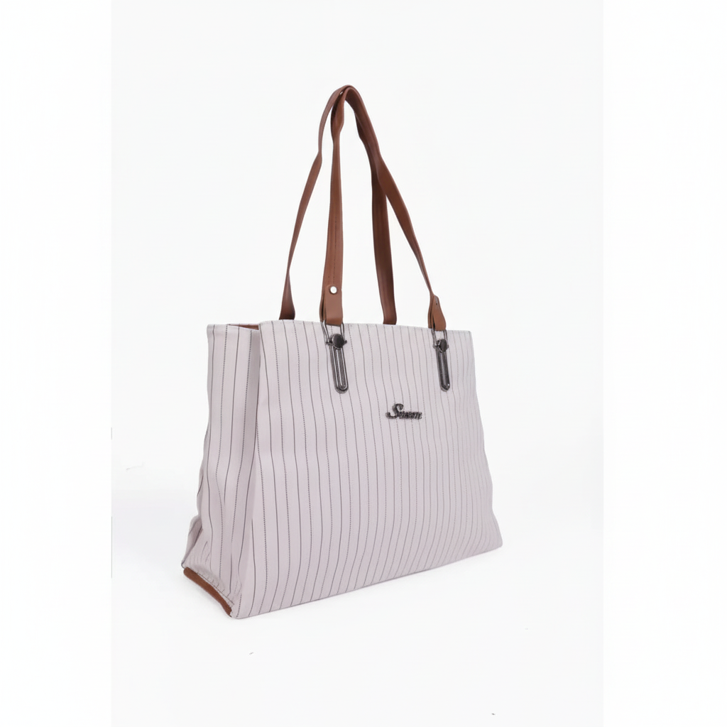 Stripe Printed Casual Hand Bag for Women - White SUPER