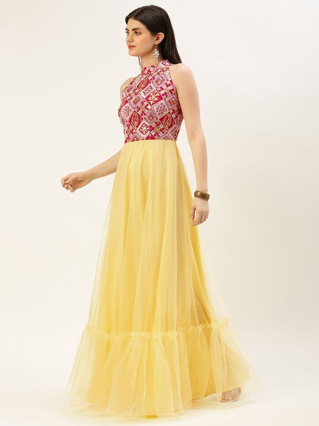 Bollywood Vogue Ready To Wear Dark Pink Embroidered Georgette N Yellow Net Dress