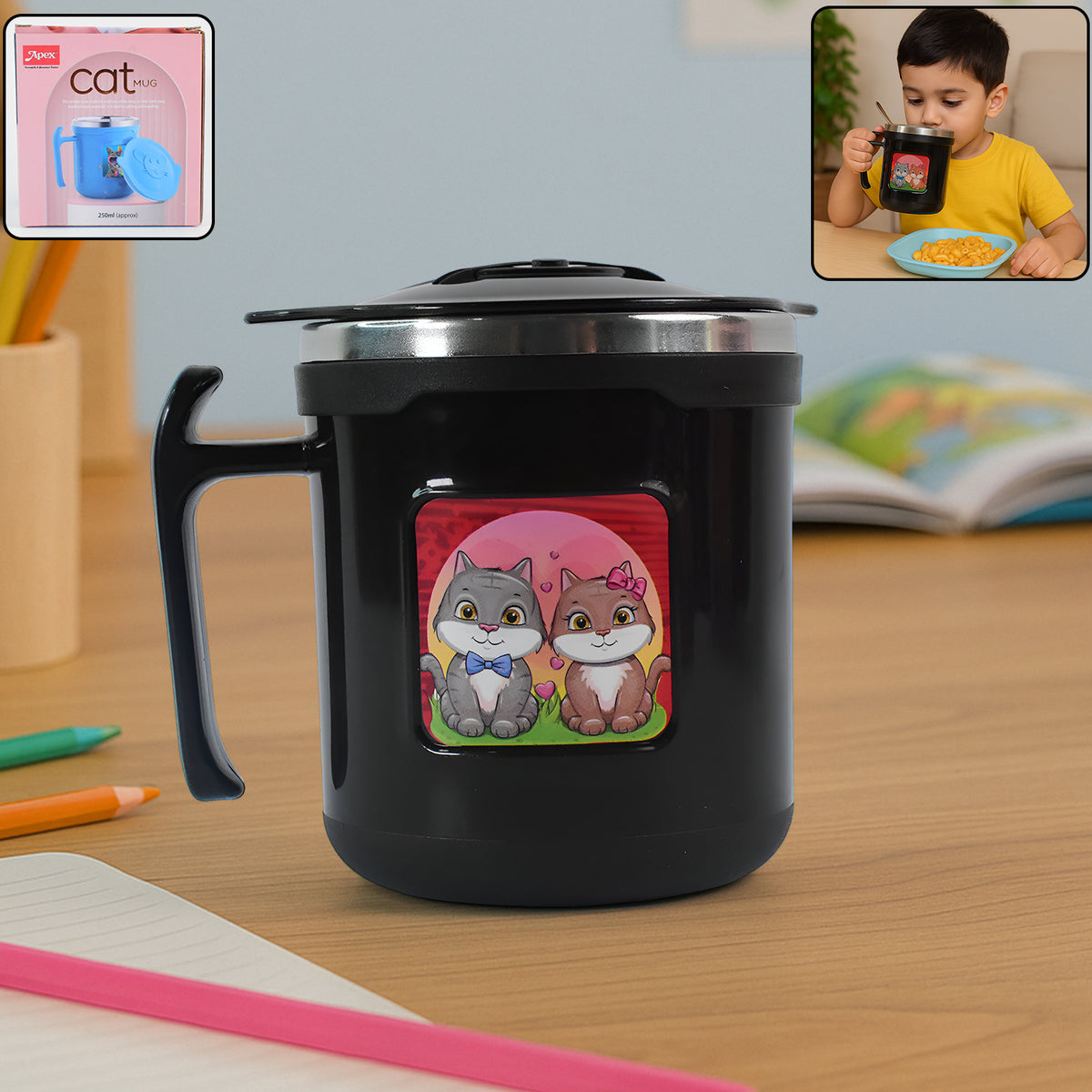 1 Pc Apex Cat Mug – 250 ml Stainless Steel Insulated Inner with Cute Cat Print and Plastic Outer Body with Leak-Proof Lid