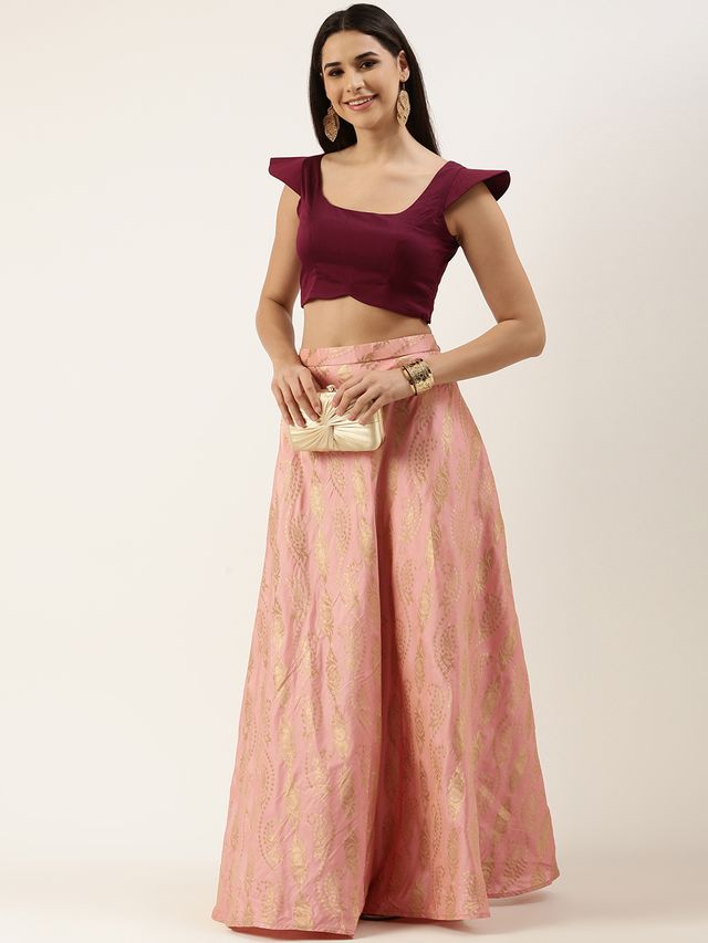 Bollywood Vogue Ready To Wear Pink Taffeta Jacquard Skirt and Blouse