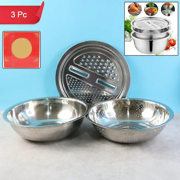 3-in-1 Stainless Steel Mixing Straining & Grater Bowl Set Multifunction Kitchen Utensil for Washing, Draining, and Grating Fruits & Vegetables (3 Pc Set) HP DD