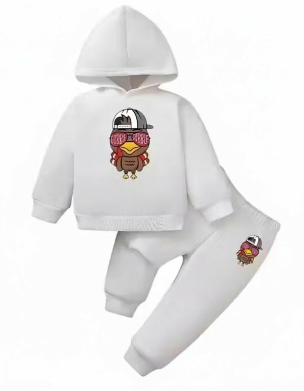 Kids Gobble Gobble Turkey Printed White Cotton Blend Hoodie & Jogger Set Luck Fashion