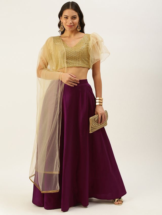 Bollywood Vogue Ready To Wear Gold N Purple Embroidered Ruffles Style Lehenga Set