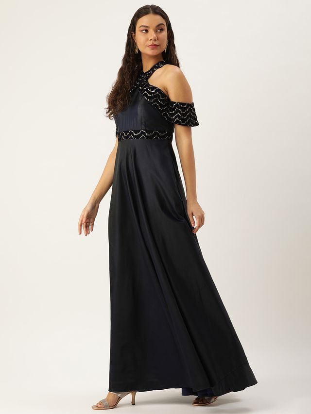 Bollywood Vogue Ready To Wear Navy Blue Velvet Embroidered Off Shoulder Dress