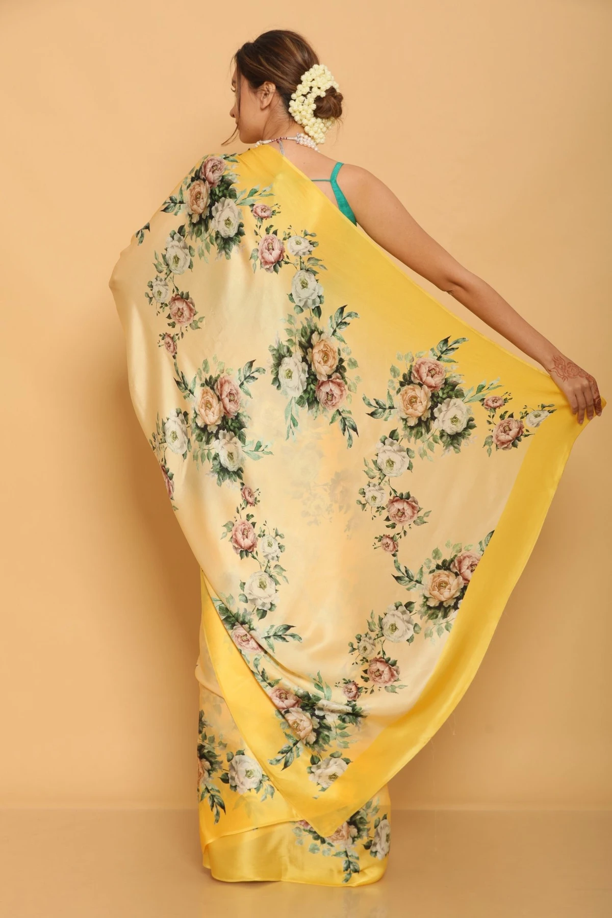 Floral Printed Heavy Satin Sarees With Plain Blouse