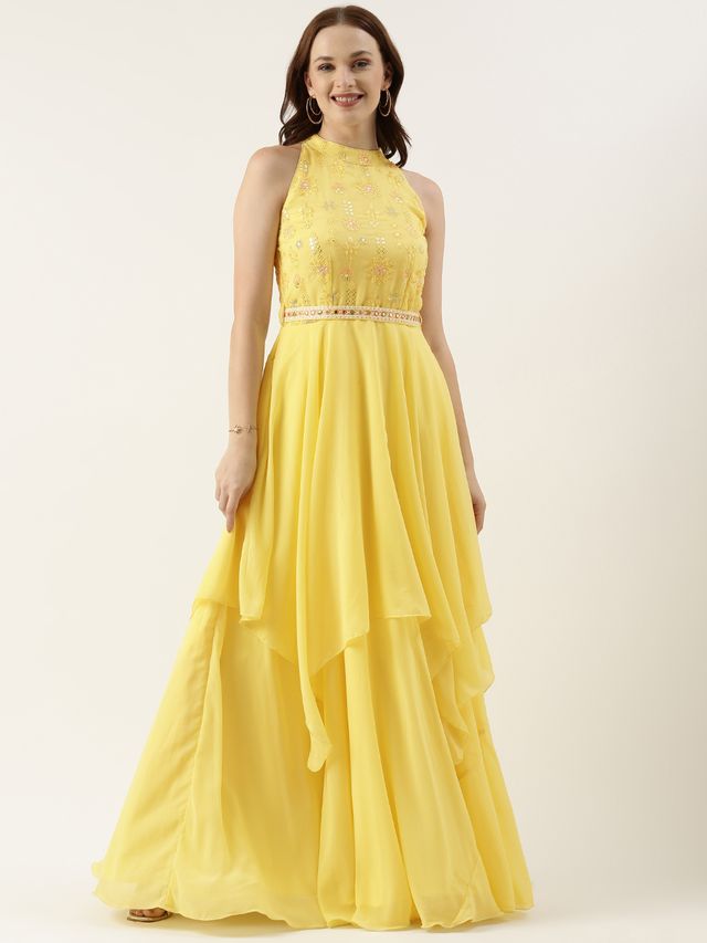 Bollywood Vogue Ready To Wear Yellow Embroidered Handkerchief Gown