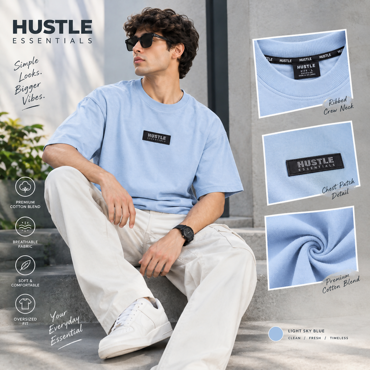 Men's Hustle Essentials Oversized Light Sky Blue T-Shirt | Relaxed Fit Casual Tee