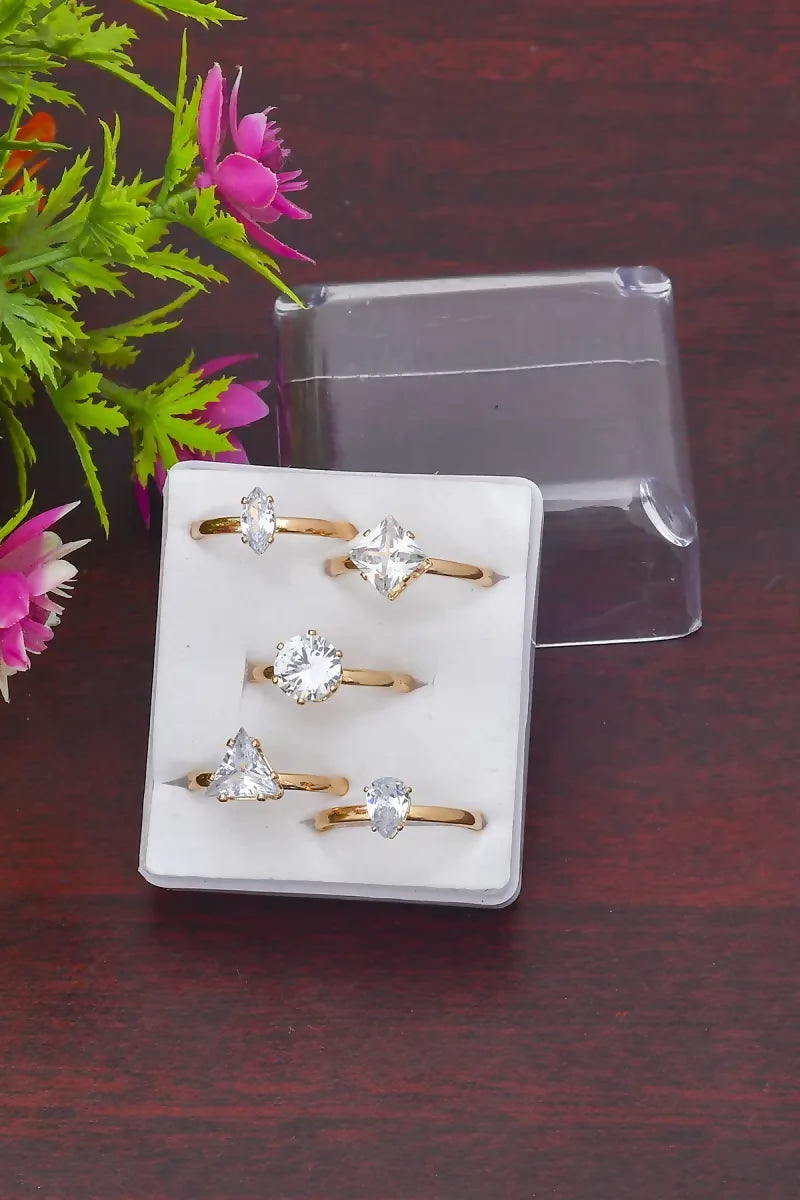 White Zircon Gold Plated Rings - Set of 5 (Gold, Adjustable,5)