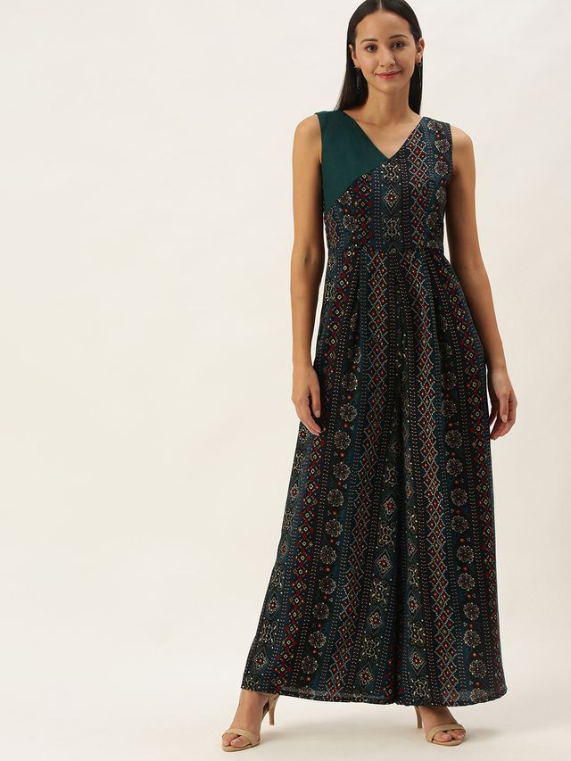 Bollywood Vogue Ready To Wear Blue Printed Viscose Angrakha Style Jumpsuit