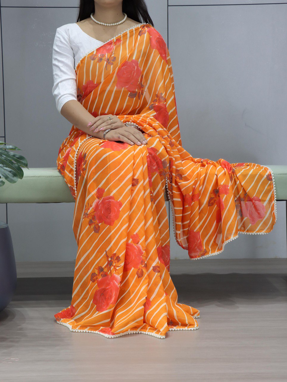 Weightless Printed Saree With Pearl Lace Border
