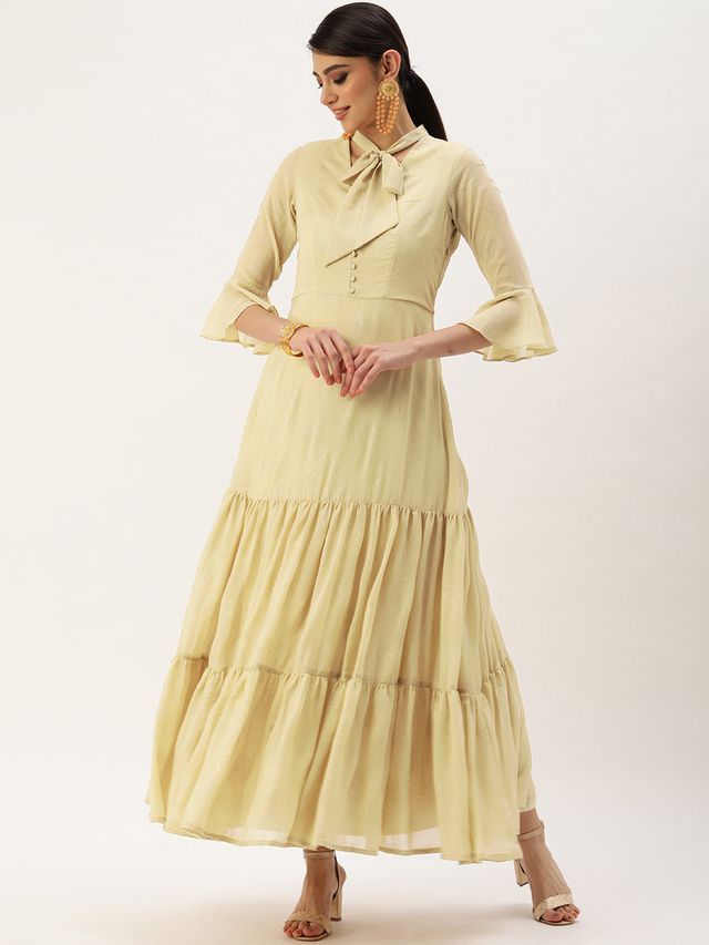 Bollywood Vogue Ready To Wear Beige Georgette Foil Printed Maxi Dress