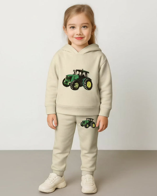 Kids Hooded Sweatshirt & Jogger Set – Green Tractor Print Casual Wear (Cream) Luck Fashion