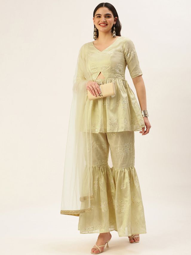 Bollywood Vogue Ready To Wear Beige Art Silk Embroidered Gharara Set