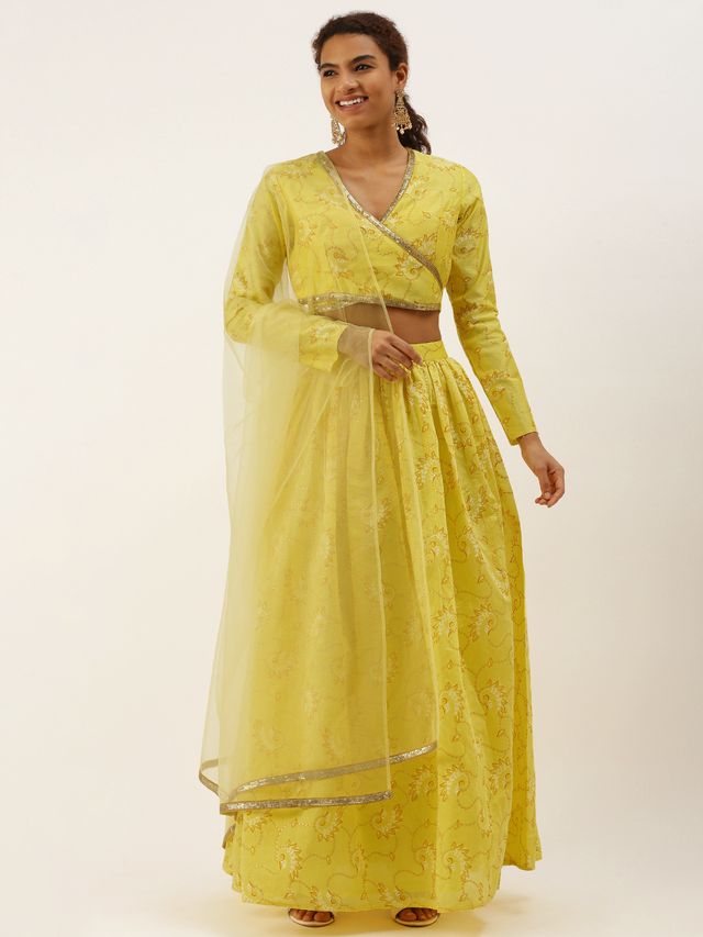 Bollywood Vogue Ready To Wear Yellow Foil Printed Art Silk Gathered Lehenga