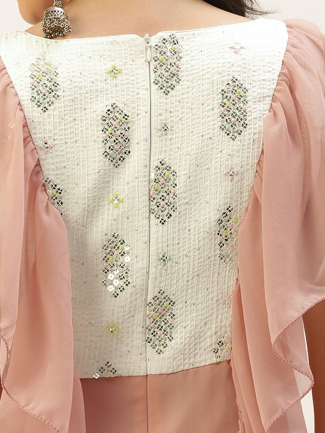 Bollywood Vogue Ready To Wear Pink N White Chinon Ruffles Gown
