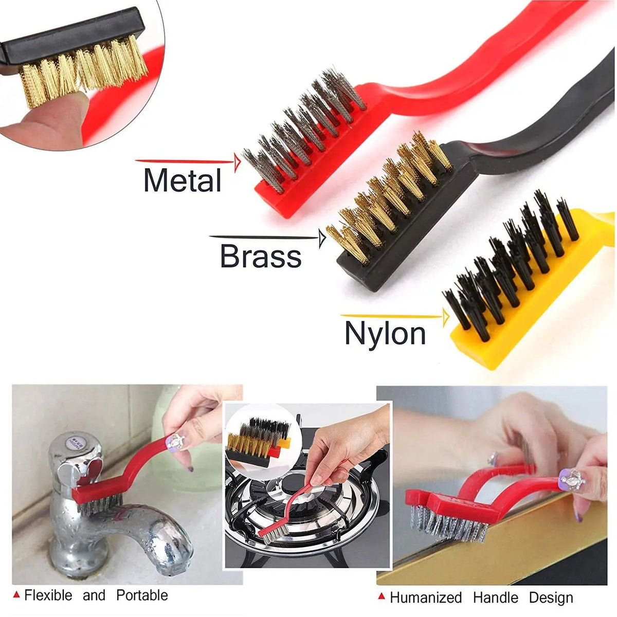 3pc Mini Wire Brush Set Brass Nylon Stainless Steel Bristles Household Cleaning Brush For Gas Stove Smoke Machine Tool Burner Tiles Tap Rust Removal Welding Slag Dirt Paint Scrubbing. HP DD