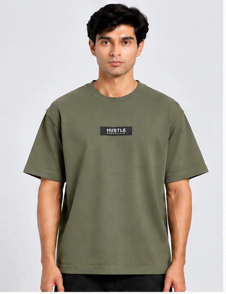 HUSTLE Essentials Men's Crew Neck Oversized T-Shirt – Slightly Greenish Olive(Oversized size)