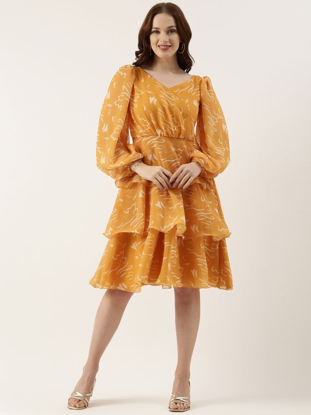 Bollywood Vogue Ready To Wear Mustard Digital Printed Georgette Dress