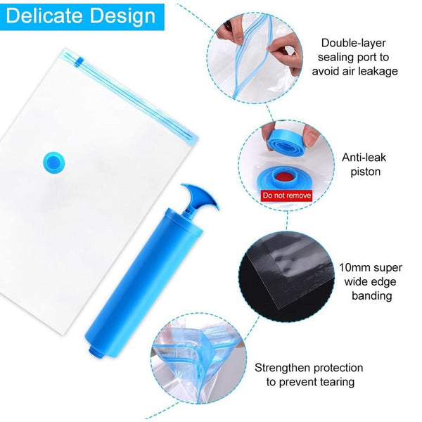 Vacuum Storage Bags Set with Hand Pump & Shirt Clips (5pc)