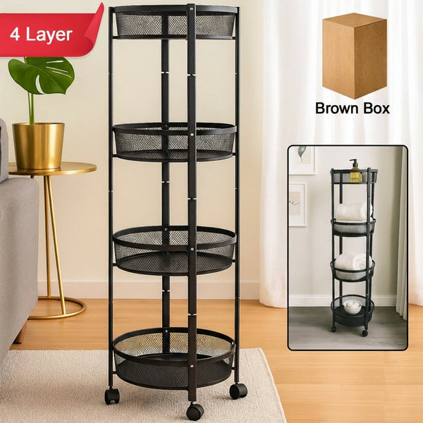 4-layer Round Metal Mesh Storage Organizer Rack With Wheels (1 Pc)