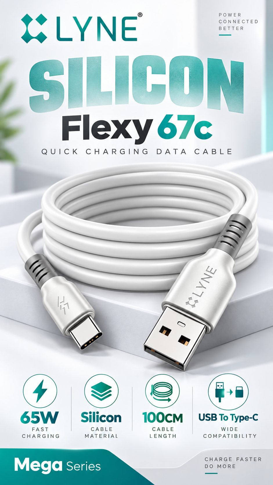 LYNE Flexy 67C Mega Series 65W USB-A to Type-C Quick Charging Data Cable – 1 Metre, White