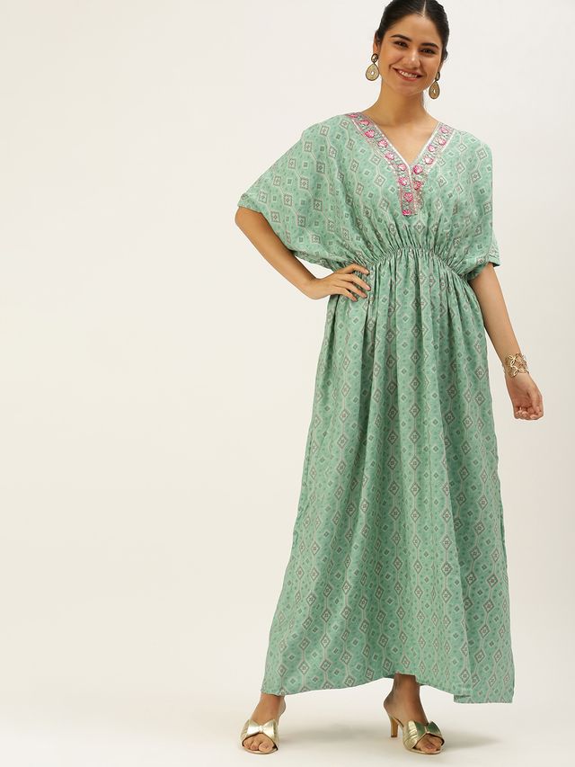 Bollywood Vogue Ready To Wear Blue Modal Satin Print Kaftan Gown