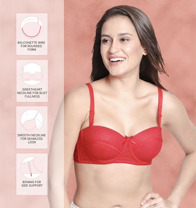 Susie Half Coverage Hot Red Lace Overlay Adjustable, Detachable, MultiwayPadded Balconette Bra