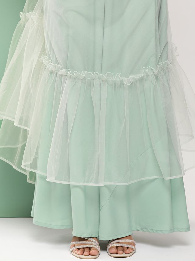 Bollywood Vogue Ready To Wear Yellow Embroidered N Mint Green Corset Style Gown