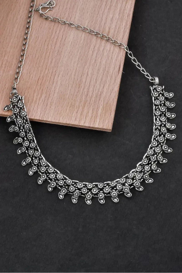 Oxidised Silver Floral Design Necklace for Women - Silver,18 Inch SUPER