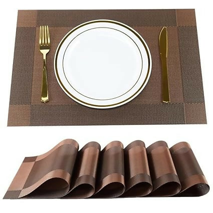 Eco Metrix Heat-Resistant PVC Placemats for Dining Table Anti-Skid, Washable Vinyl Table Mats Set for Kitchen & Home Décor (Brown)