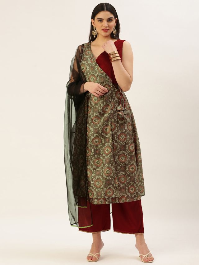 Bollywood Vogue Ready To Wear Maroon N Grey Printed Art Silk Anarkali Set