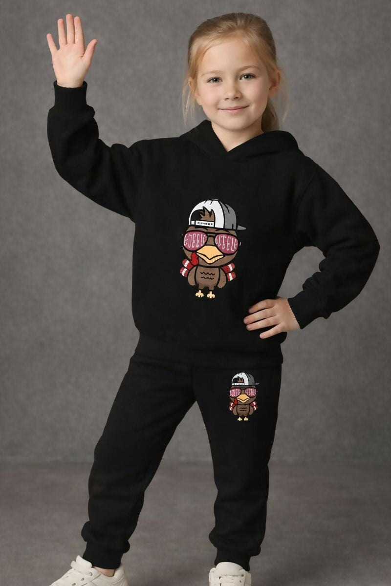 Girls' Black Cotton Blend Hoodie & Jogger Set – Cool Bird Graphic Tracksuit (Ages 0 Months to 7 Years) Luck Fashion