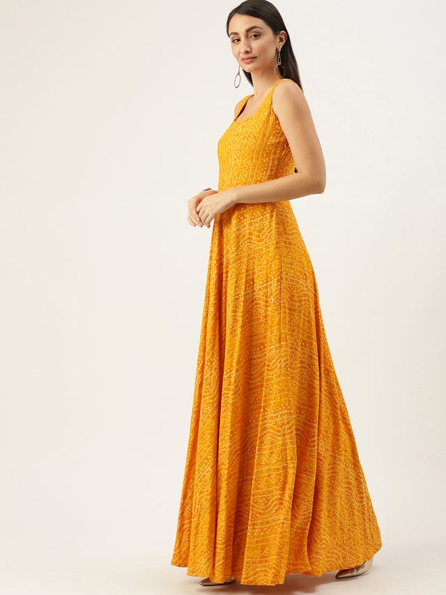 Bollywood Vogue Ready To Wear Yellow Printed Strap Neck Dress
