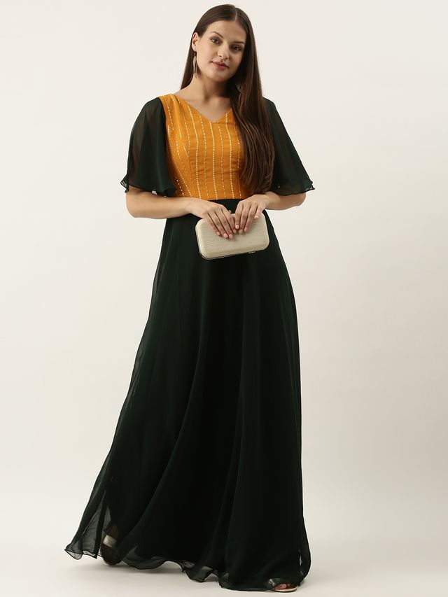 Bollywood Vogue Ready To Wear Mustard Embroidered N Turquoise Green Gown