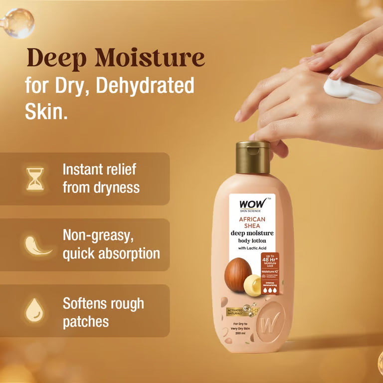 WOW Skin Science African Shea Butter Body Lotion with Lactic Acid for Deep Hydration and 48 Hours Moisturization for Dry and Rough Skin 200ml