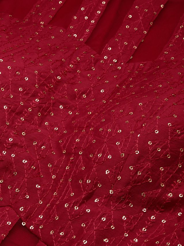 Bollywood Vogue Ready To Wear Dark Red Georgette Embroidered Layered Gown