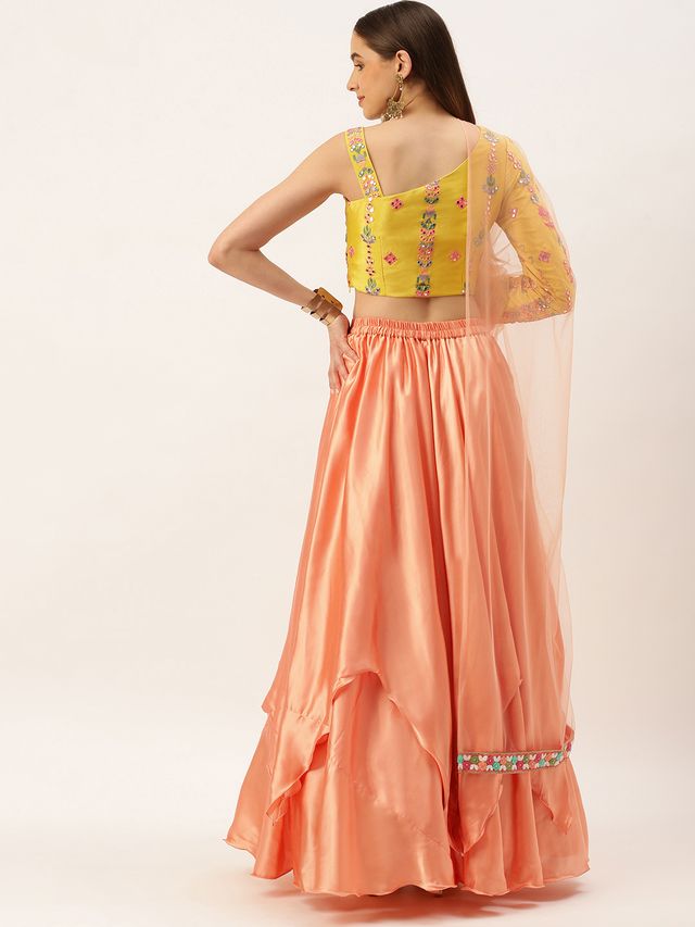 Bollywood Vogue Ready To Wear Yellow Embroidered Peach Lehenga Set