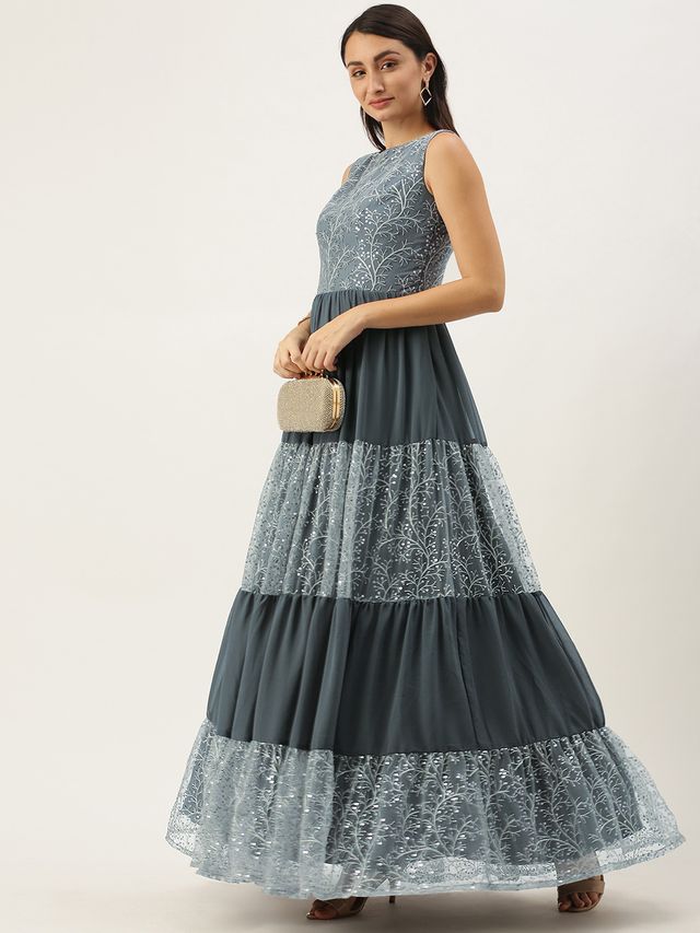 Bollywood Vogue Ready To Wear Grey Embroidered Net Tiered Gown