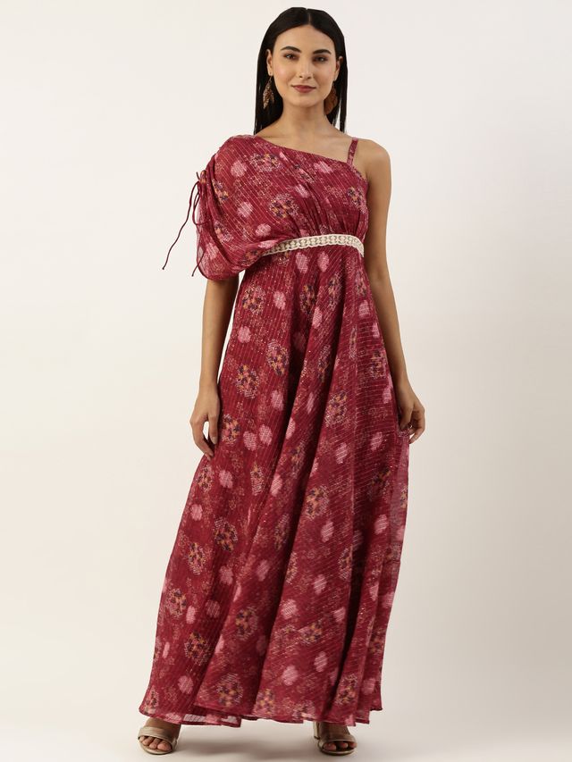 Bollywood Vogue Ready To Wear Wine Georgette One Shoulder Style Gown