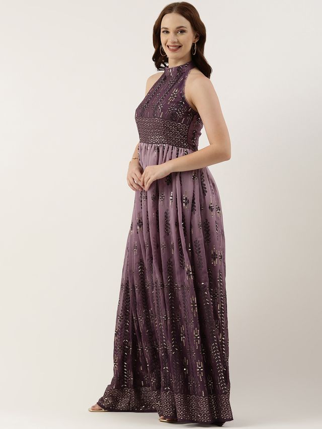 Bollywood Vogue Ready To Wear Purple Georgette Embroidered Halter Neck Gown