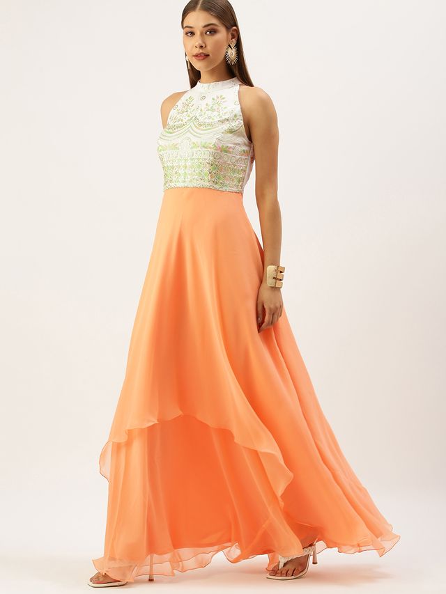 Bollywood Vogue Ready To Wear White Embroidered N Light Peach Layered Gown