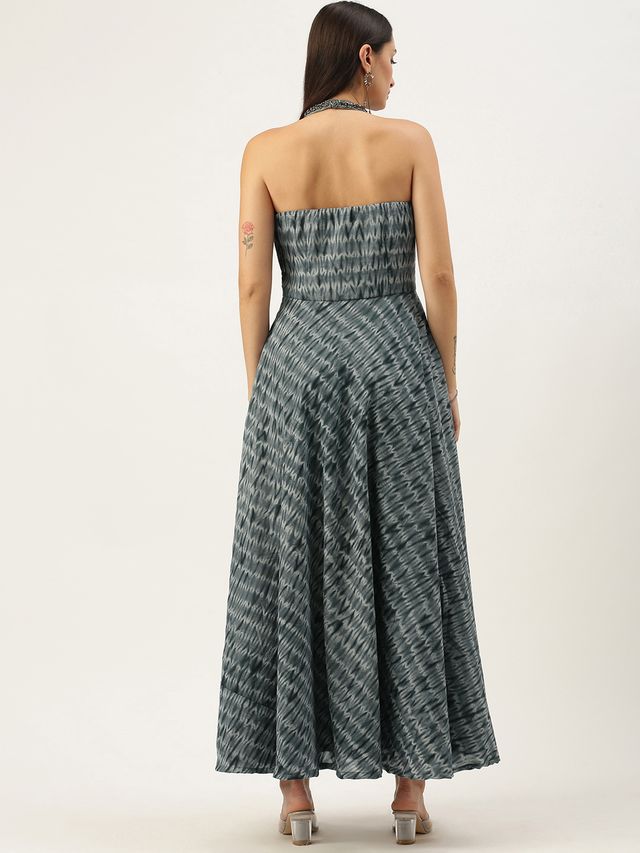Bollywood Vogue Ready To Wear Grey N Black Muslin Halter Neck Gown