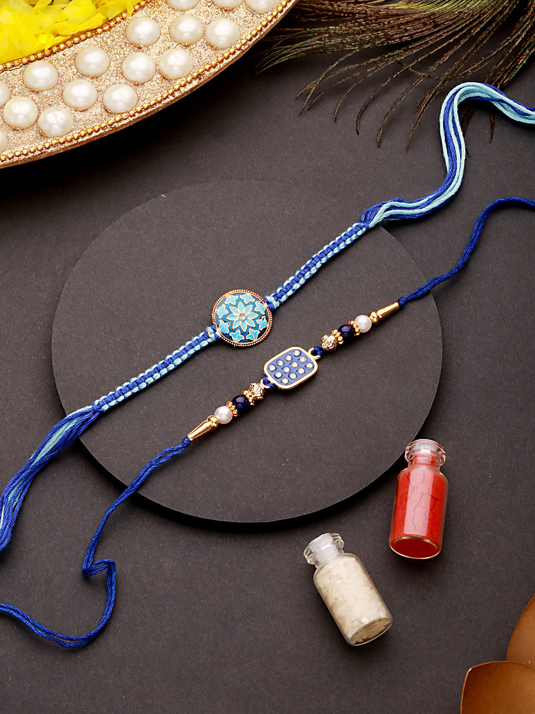Jazz And Sizzle Set Of 2 Blue Enameled & Embellished Designer Beaded Rakhi