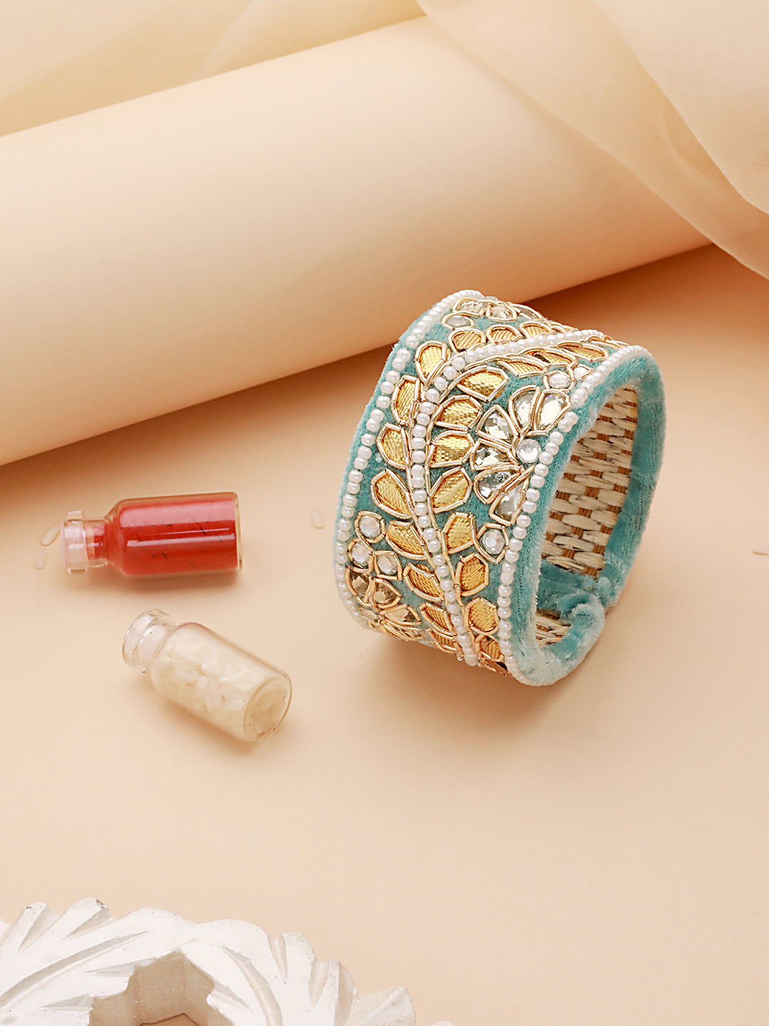 Blue & Gold Toned Beads Handwork Bangle