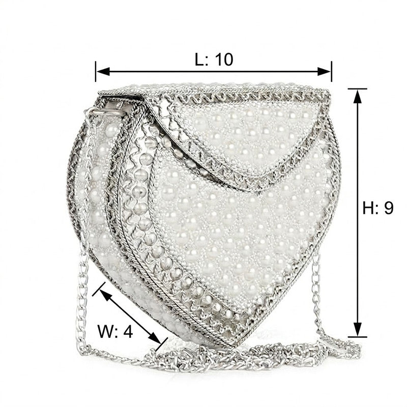 Buddy Cares Metal Bag for Women, Silver Pearl Embellished Clutch Purse with Chain Strap – Heart – view 2 – Buddy Cares