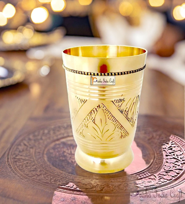 Pure brass mughlai style embossed design glass tumbler (250ml) | PRISHA INDIA CRAFT