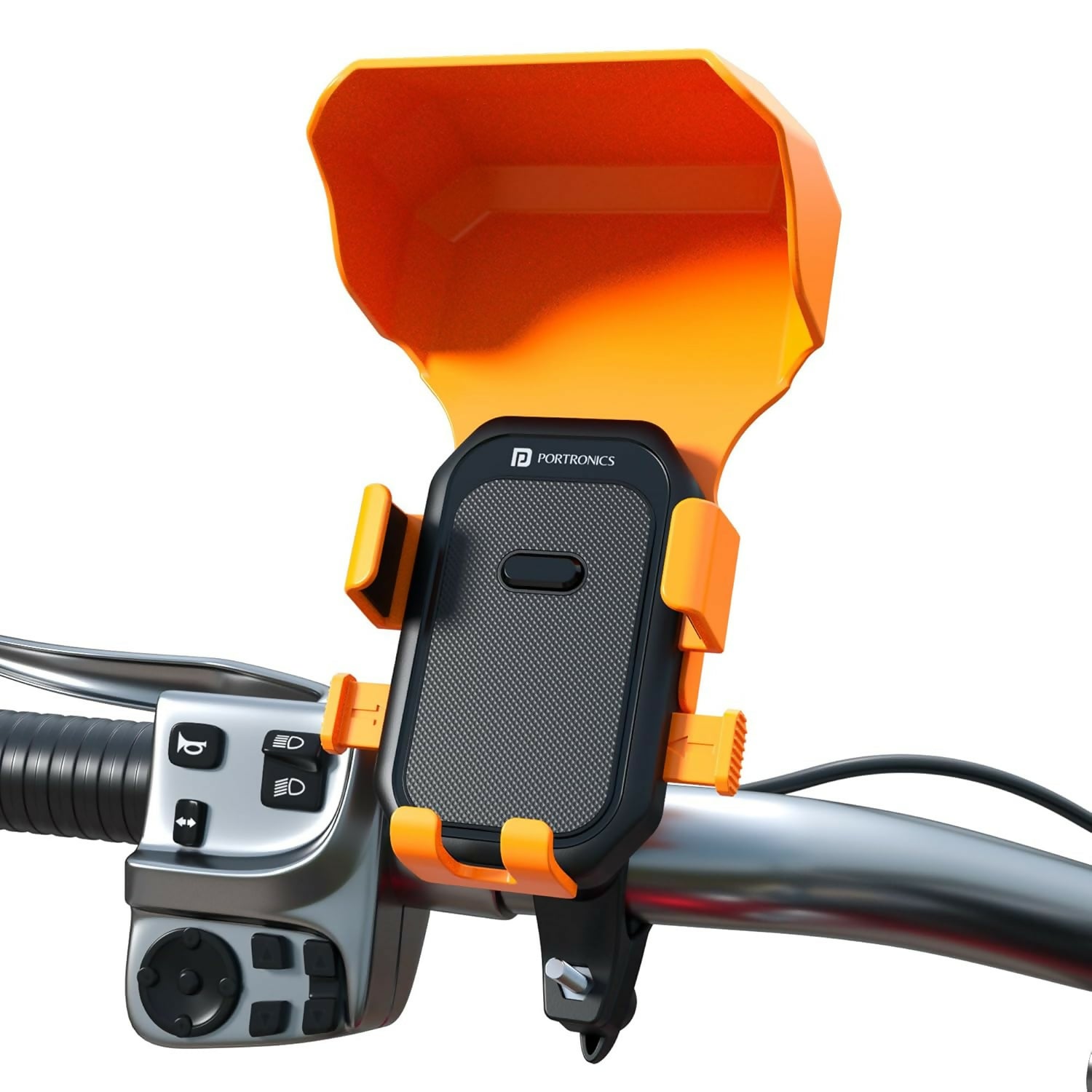 Portronics Mobike 4 Plus Handlebar Mobile Holder with Sunshade & Rain Protection, 360° Rotation, One-Press Release, 4-Point Grip Lock, Fits 5.4–6.7 Inch Smartphones for Bike Maps & Navigation Halfpe Deals