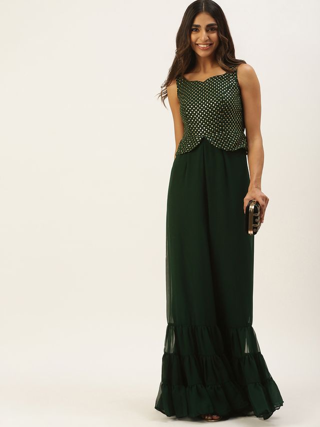 Bollywood Vogue Ready To Wear Green Georgette Sequins Jumpsuit