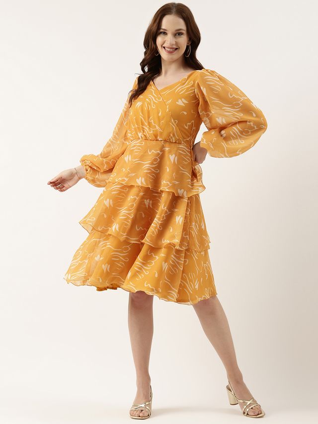 Bollywood Vogue Ready To Wear Mustard Digital Printed Georgette Dress